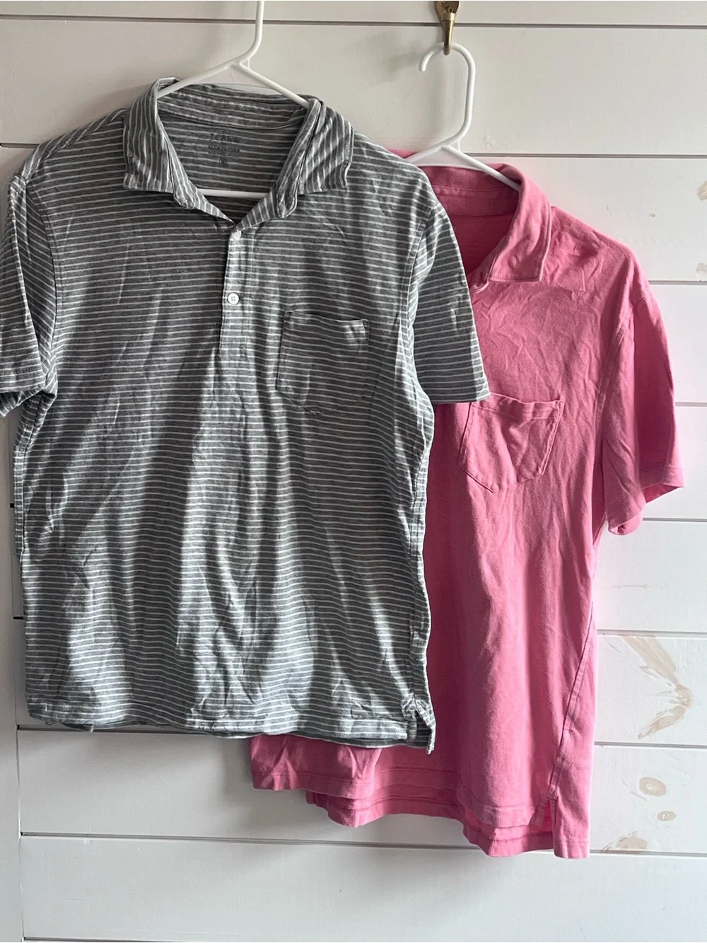2 J. Crew Men’s Polos in Salmon and Black and White Stripe with Chest Pocket